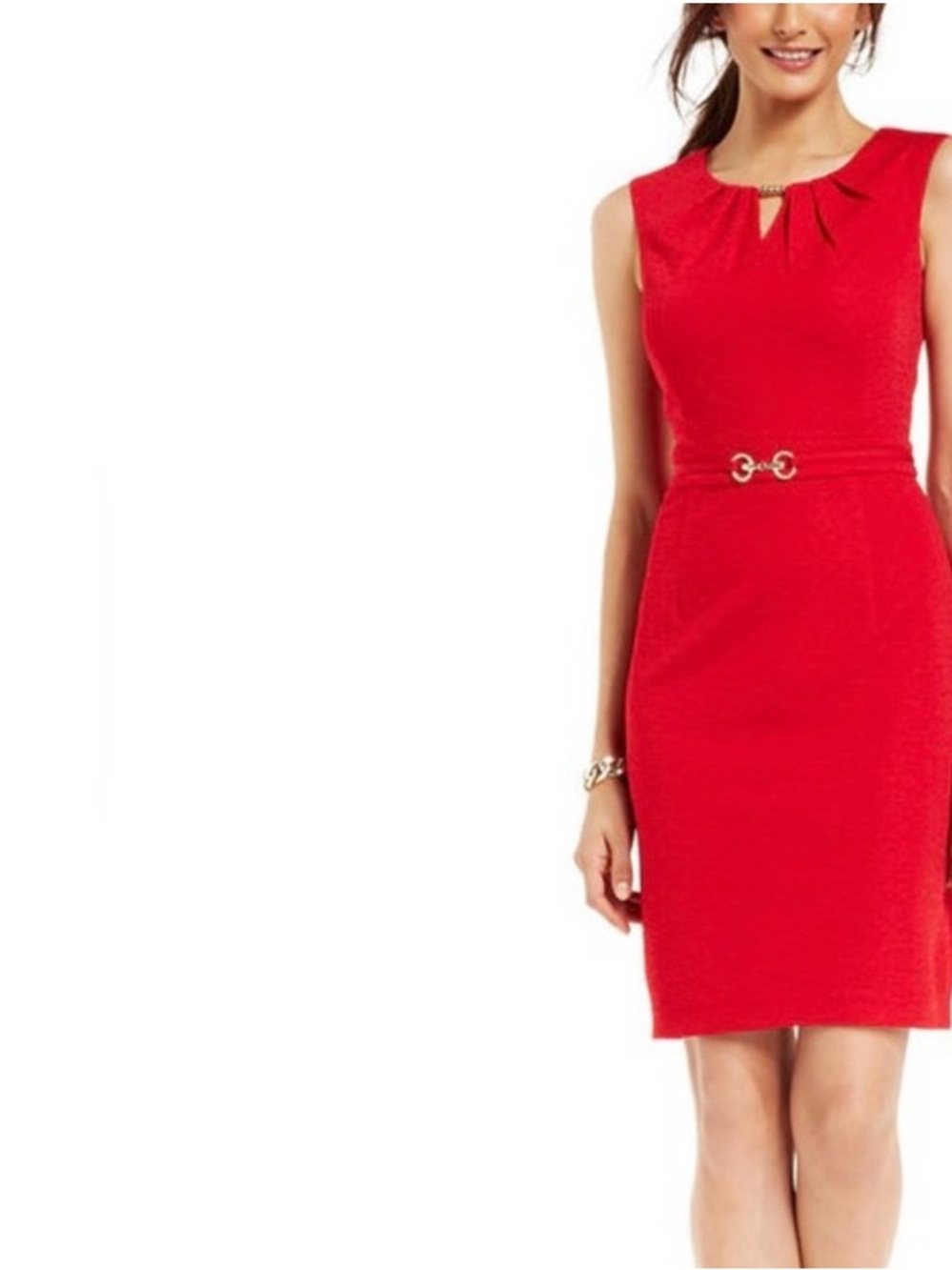 Ellen Tracy Vibrant Red Belted Gold Hardware Keyhole Neck Dress 10